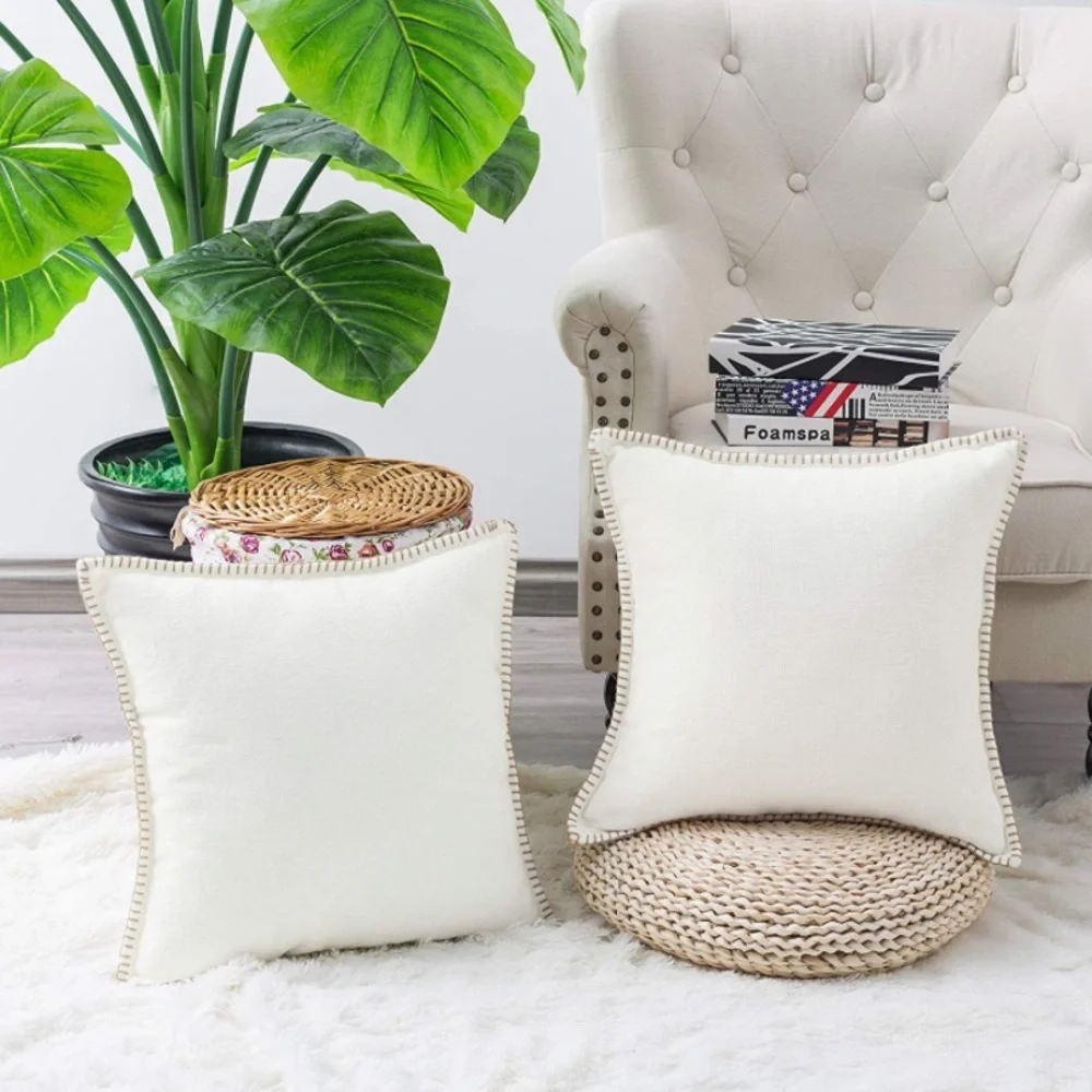 Luxury Home | Elegant Cream Soft Chenille Wide Stitch Trim Throw Pillow Covers